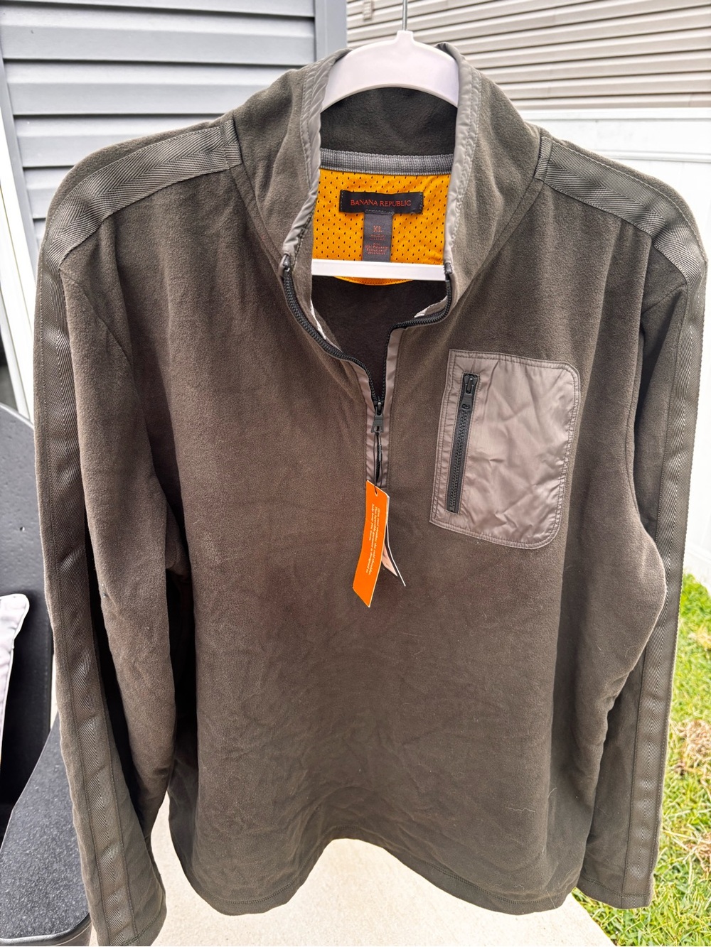 Banana Republic Men's Olive Green Quarter-Zip Pullover with Chest Zip Pocket